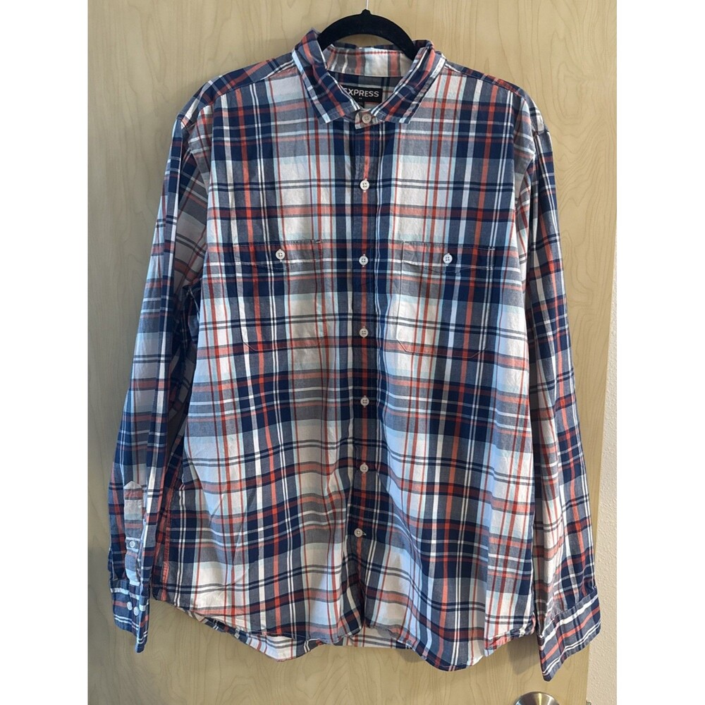 mens express button down shirt Size XL 100% Cotton Plaid Red , White And Blue